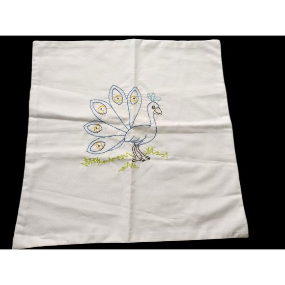 Handmade Embroidered Peacock Pillow Cover Cotton 16 x 16 Square Blue Polka Dot - Picture 2 of 5